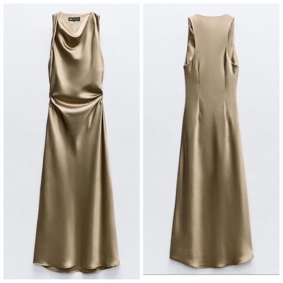 Zara Olive Green Satin Maxi Dress - Picture 5 of 13